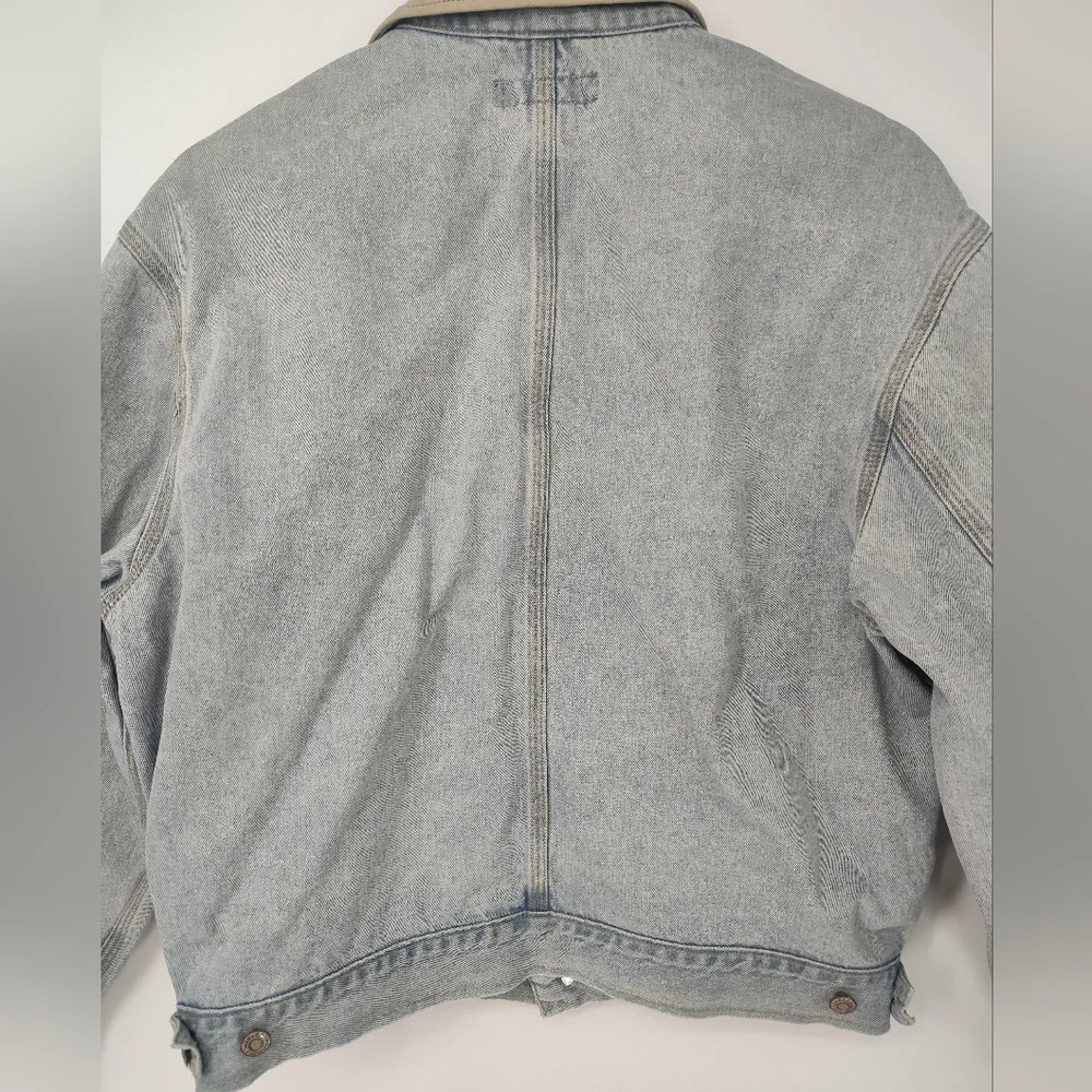 Vintage Banana Republic Men's Denim Jacket with Beige Leather Collar Size Medium